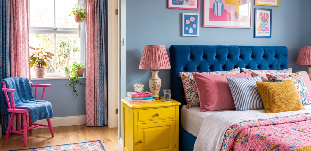  Mixing bright furniture like a yellow nightstand with blue and pink